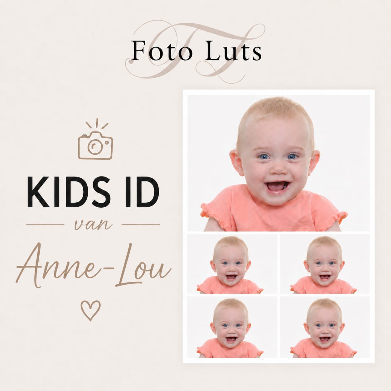 Kids-ID setje van Anne-Lou: officiële pasfoto en vier lachende foto's