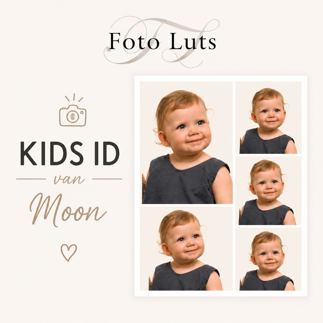 Kids-ID setje van Moon: officiële pasfoto en vier lachende foto's