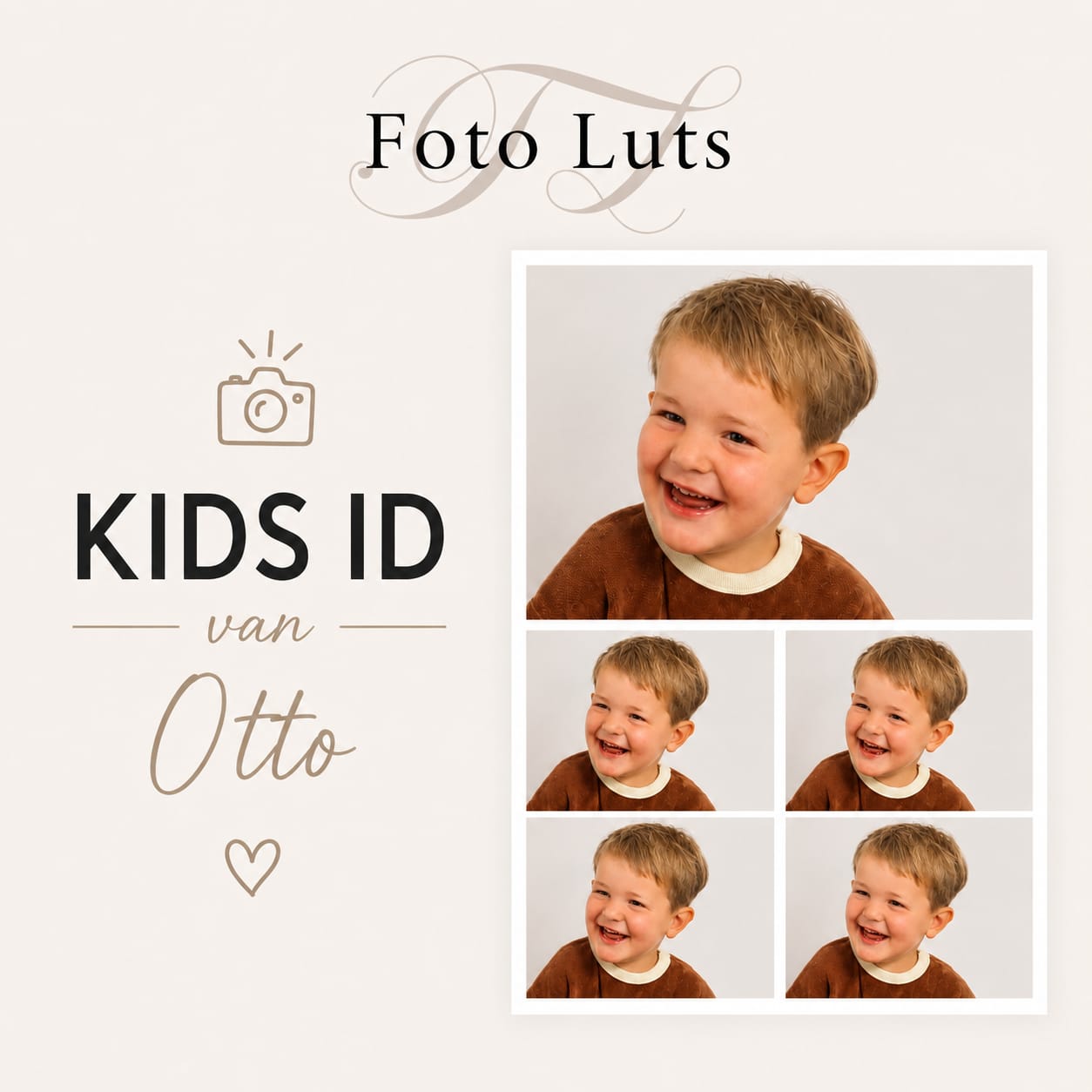 Kids-ID setje van Otto: officiële pasfoto en vier lachende foto's